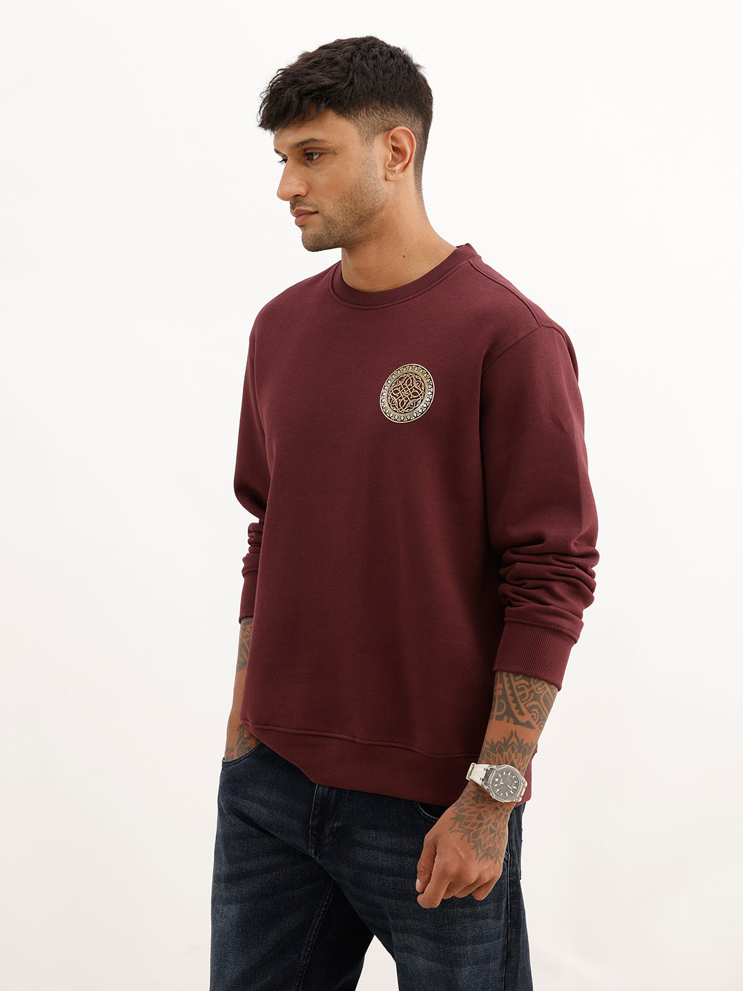 Comfort Fit Foil Printed Sweatshirt | Wine