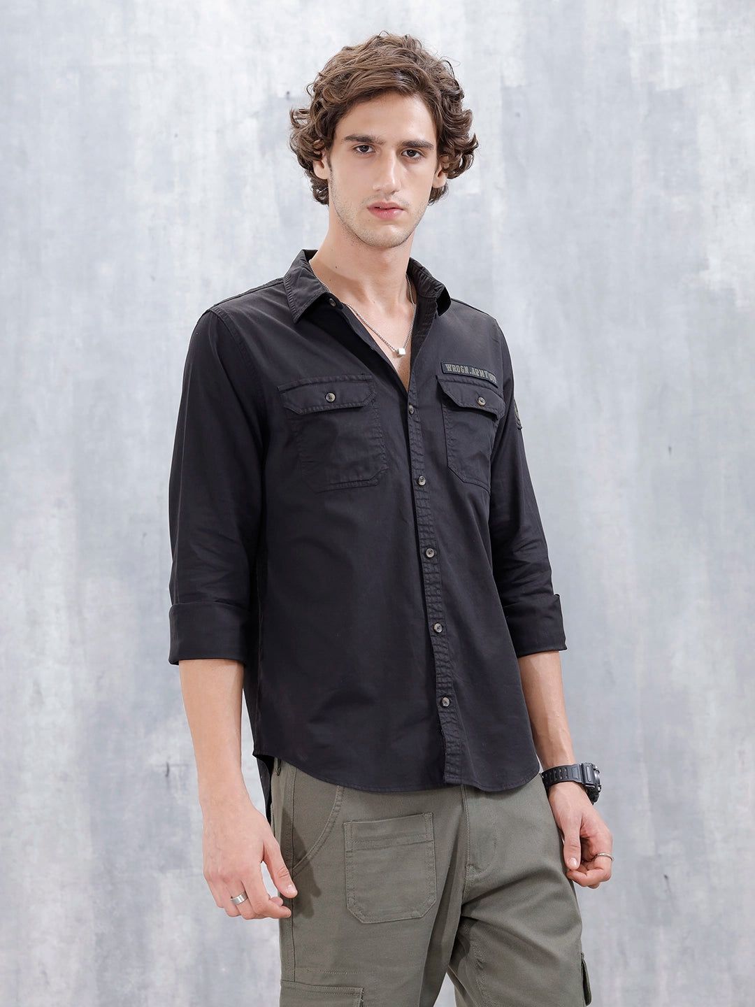 Wrogn Men's Slim Fit Double Pocket Casual Shirt | Black