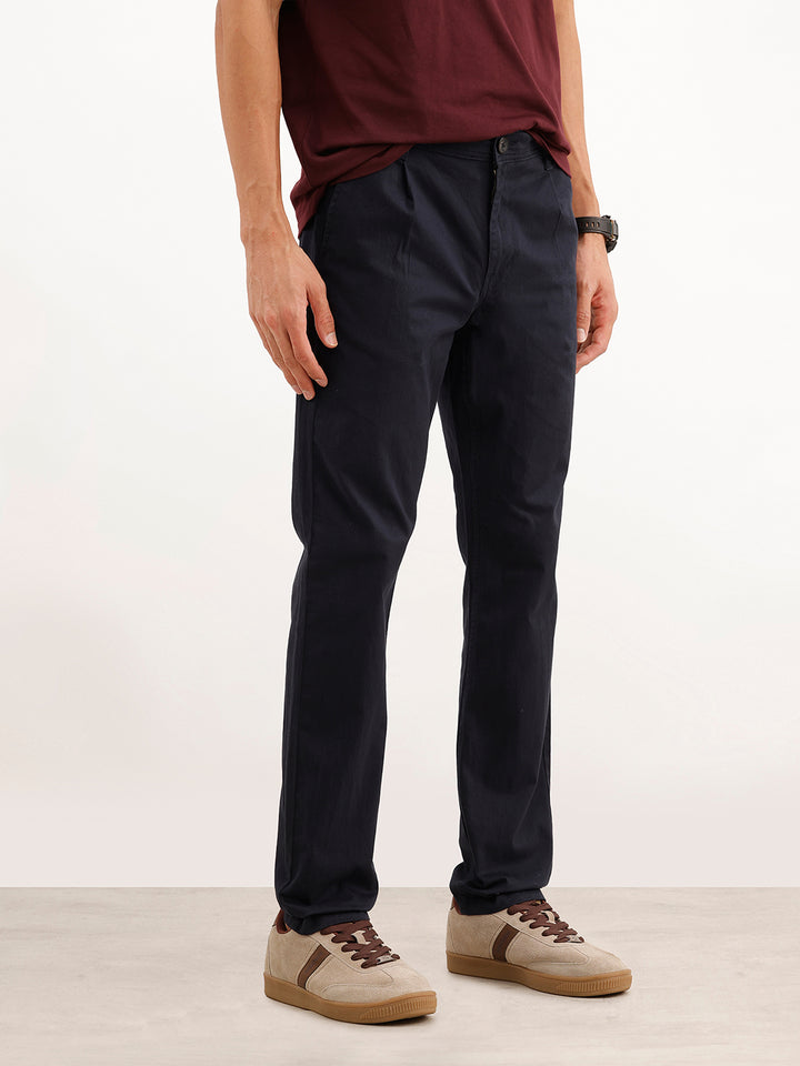 Solid Slim Fit Pleated Trouser | Navy Blue