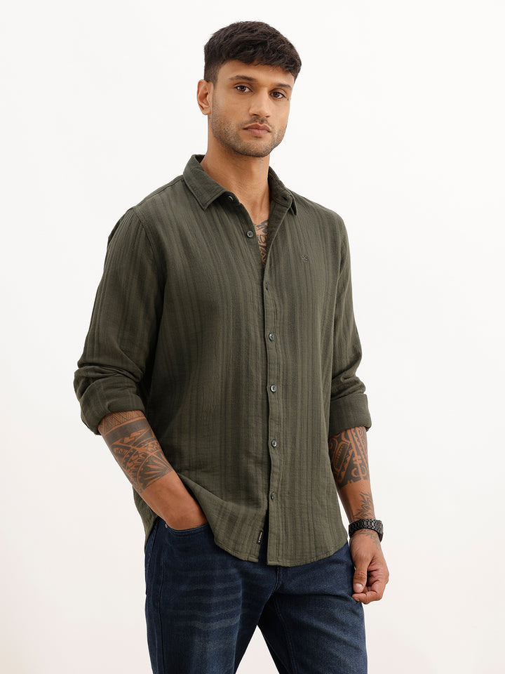 Textured Slim Fit Striped Shirt | Olive