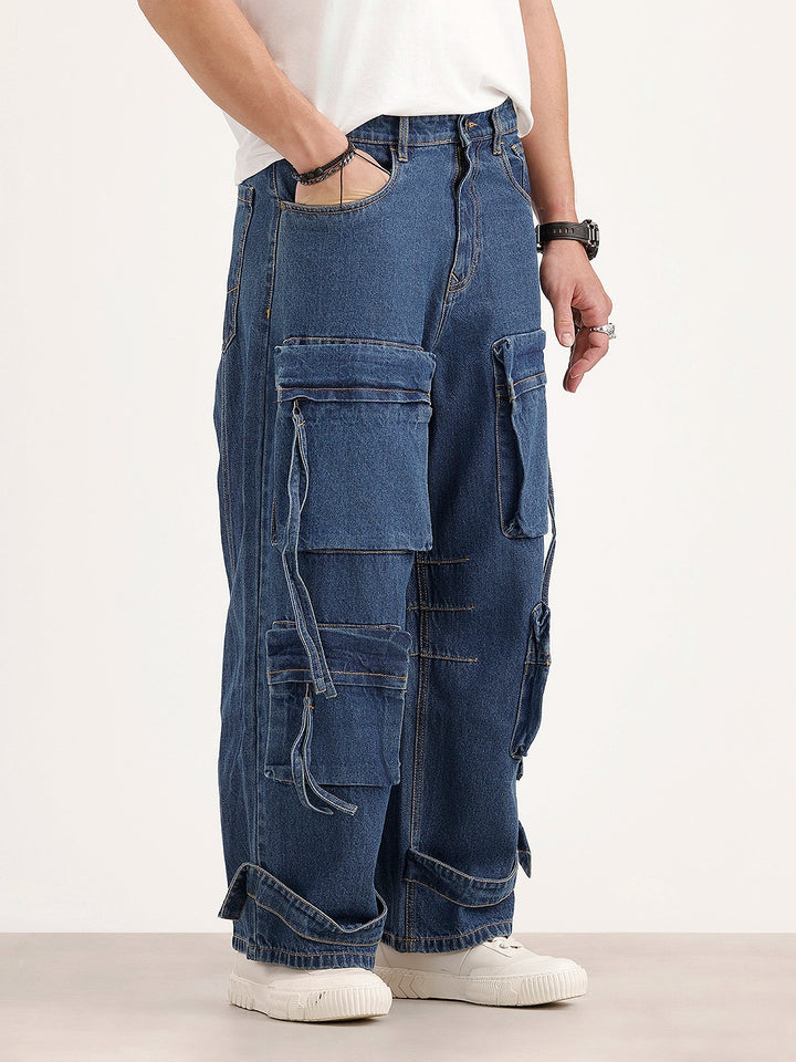 Baggy Fit Cargo Denim Jeans | Navy Blue