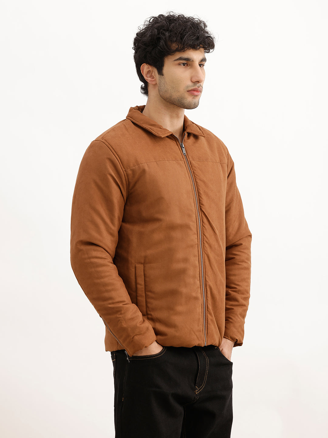 Solid Regular Fit Zipper Jacket | Brown