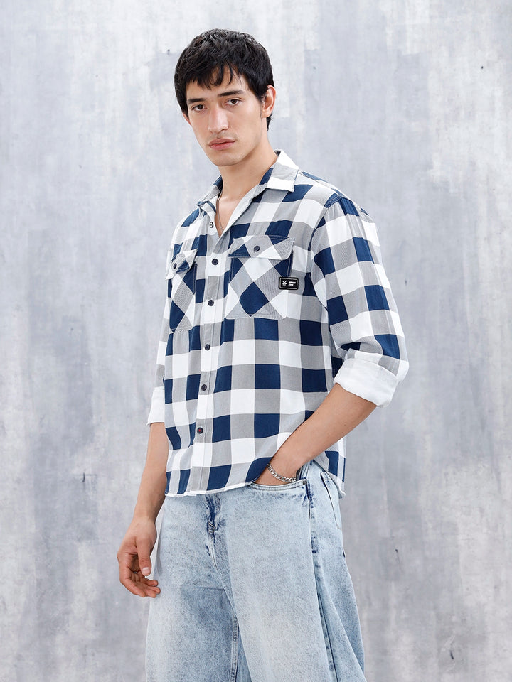 Casual Comfort Fit Checkered Pattern Shirt  | Navy Blue