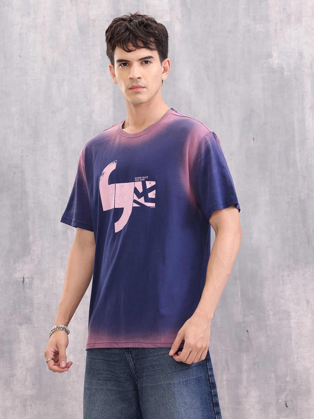 Spray Washed Effect Graphic Printed Oversized Fit T-shirt | Blue