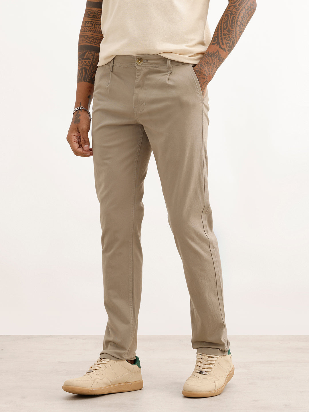 Solid Slim Fit Pleated Trouser | Grey