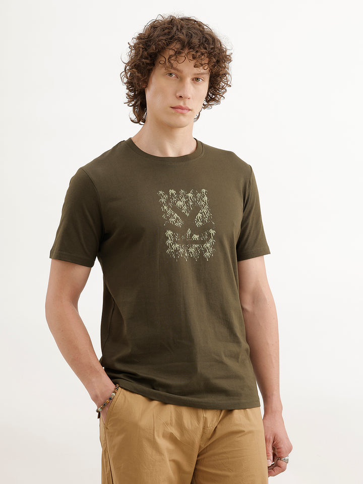 Slim Fit Puffer Printed T-Shirt  | Olive