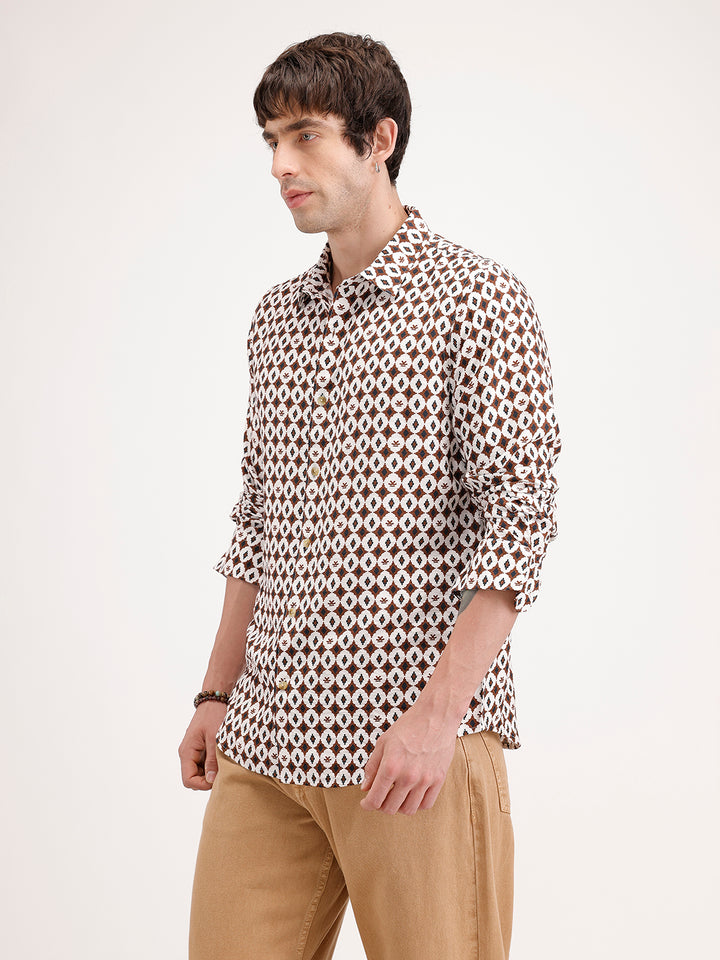 Slim Fit AOP Full Sleeve Shirt | Brown