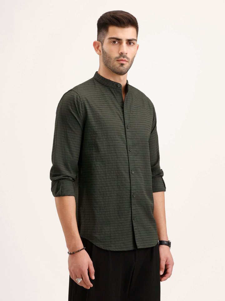 Regular Fit Mandarin Collar Textured Shirt | Dark Green