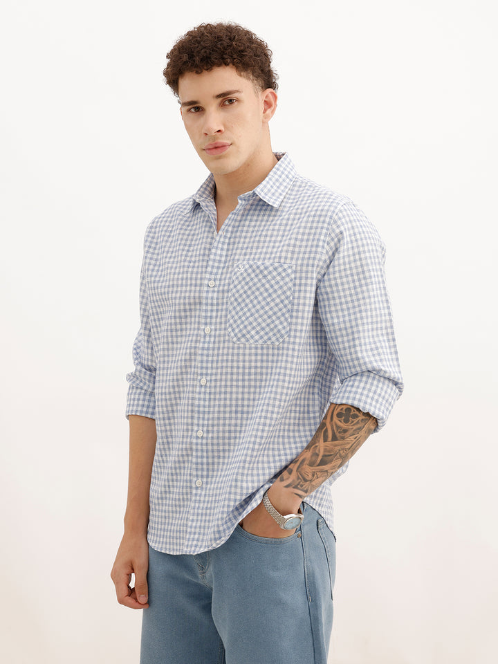 Slim Fit Full Sleeve Checkered Shirt | Light Blue