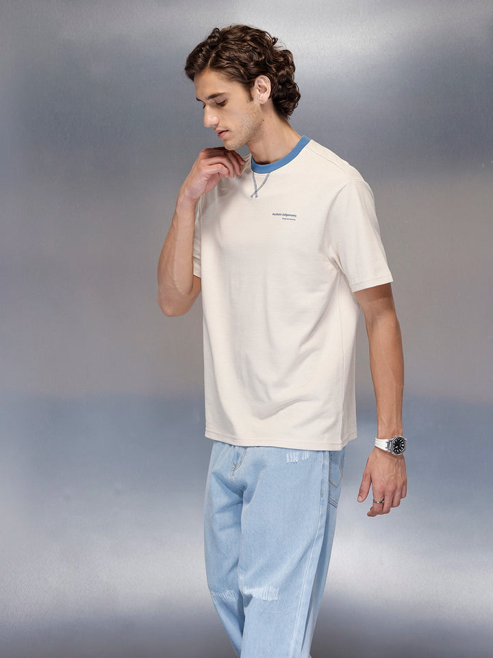 Men’s solid beige casual T-shirt with contrast crew neck | Beige
