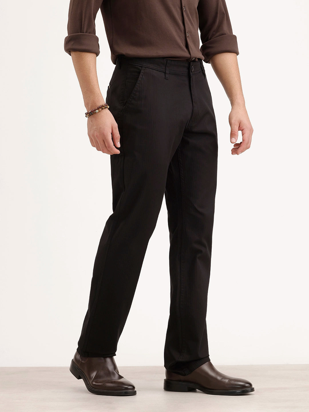 Solid Straight Fit Herringbone Trouser | Black