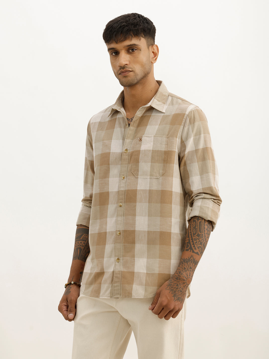 Classic Slim Fit Checkered Shirt | Khaki