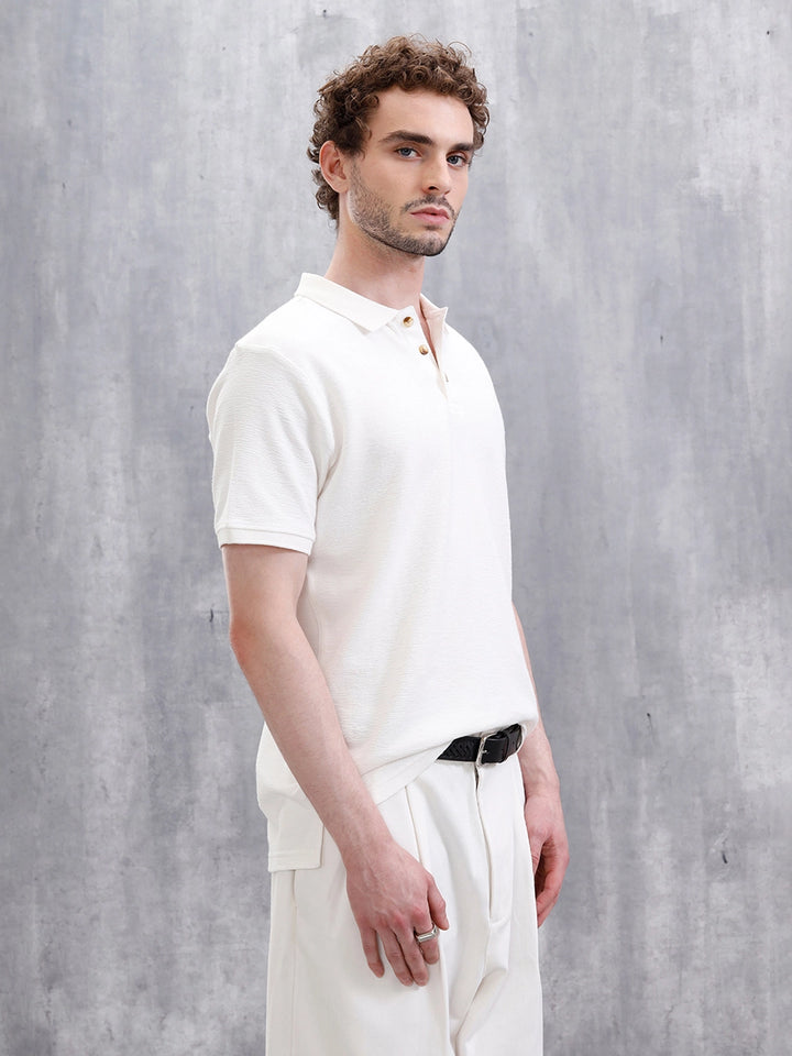 Crinkled Knit Polo T-Shirt | Off White
