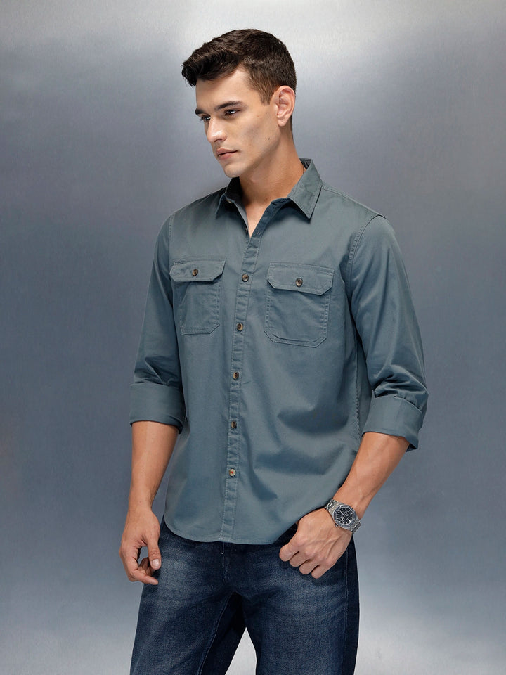 Men's Casual Cargo Double Pocket Shirt | Teal