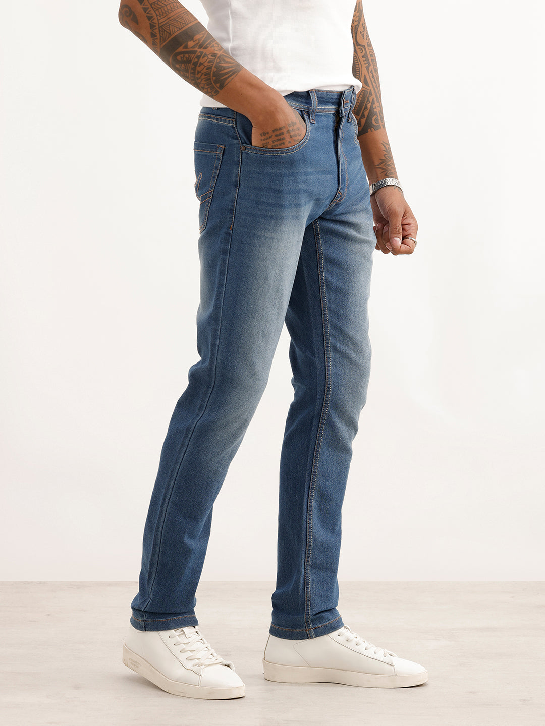 Faded Straight Fit Denim Jeans | Blue
