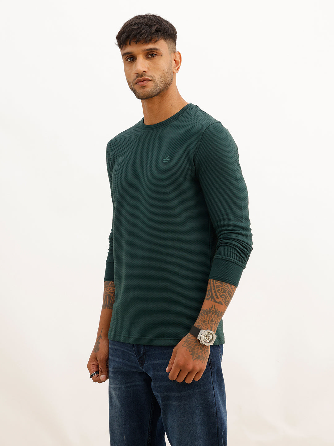 Textured Slim Fit Full Sleeve T-Shirt | Dark Green
