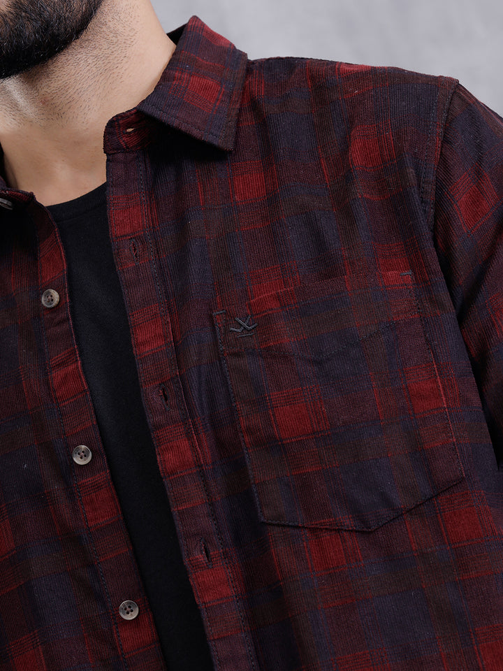 Corduroy Check Printed Shirt In Slim Fit | Maroon