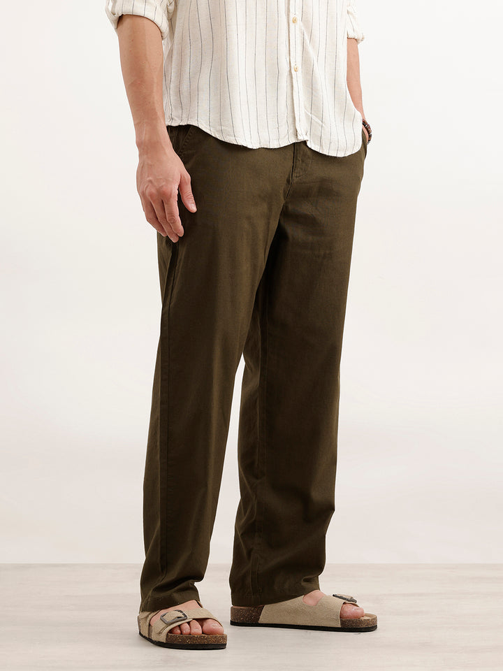 Loose Fit Linen Blend Mens Casual Wear Trouser  | Olive