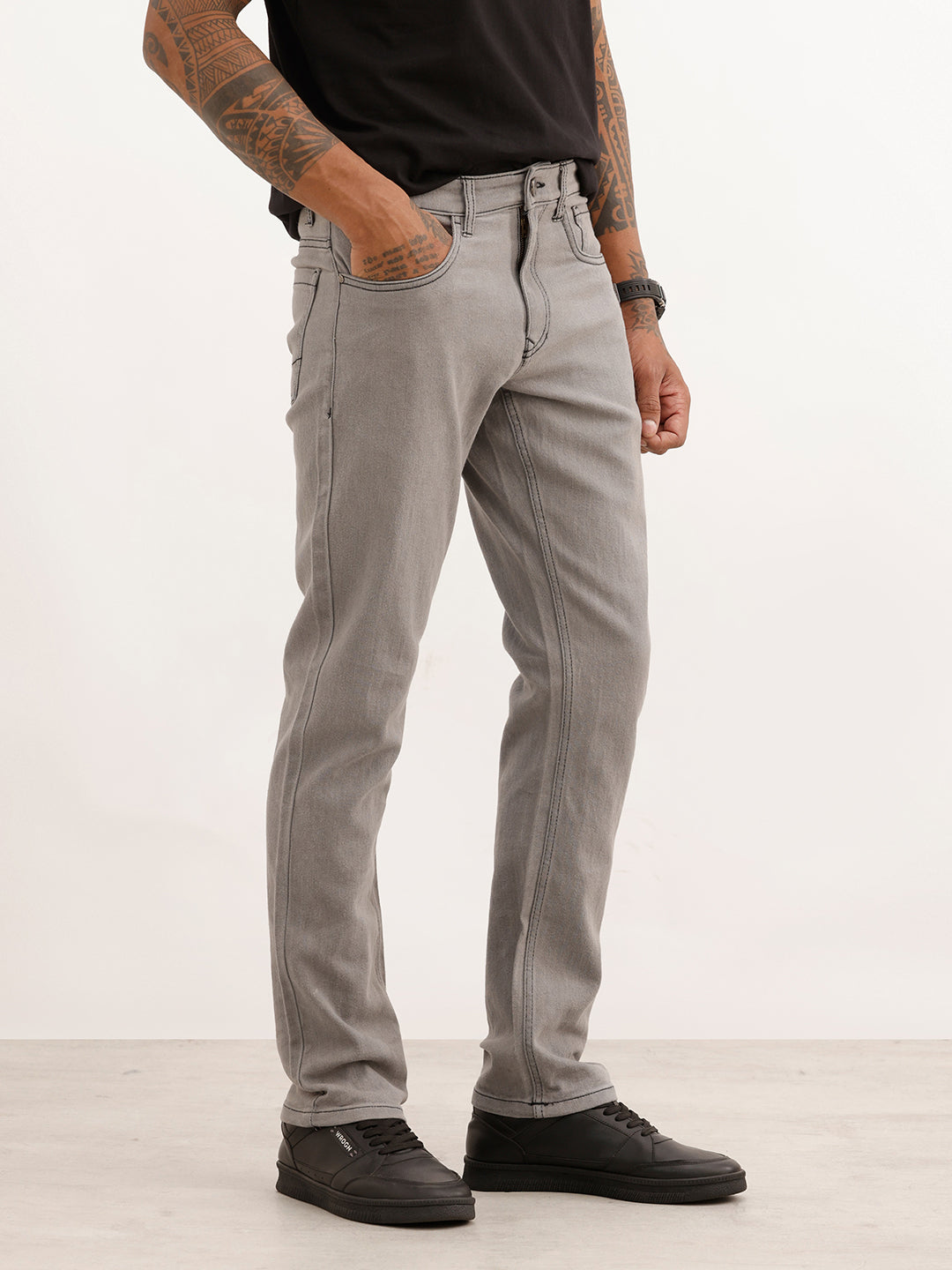 Solid Straight Fit Denim Jeans | Grey