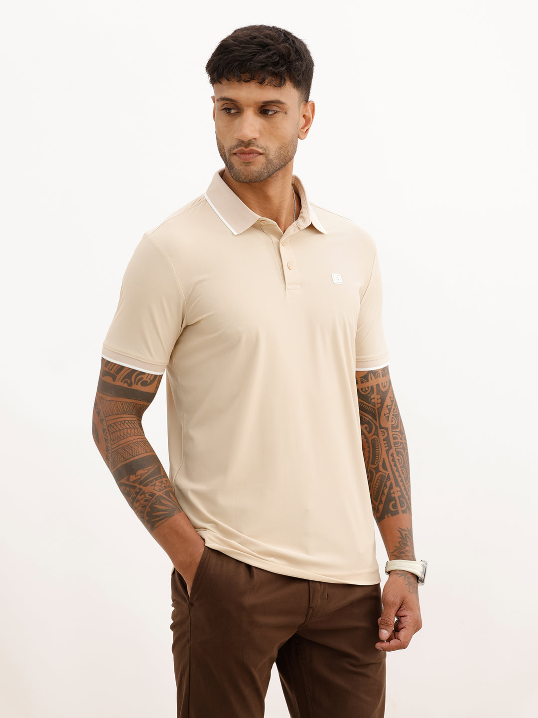 Slim Fit Solid Tipping Collar Polo T-Shirt | Beige