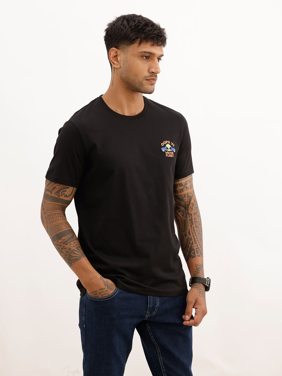 Slim Fit Embroidered Patch Detail T-Shirt | Black