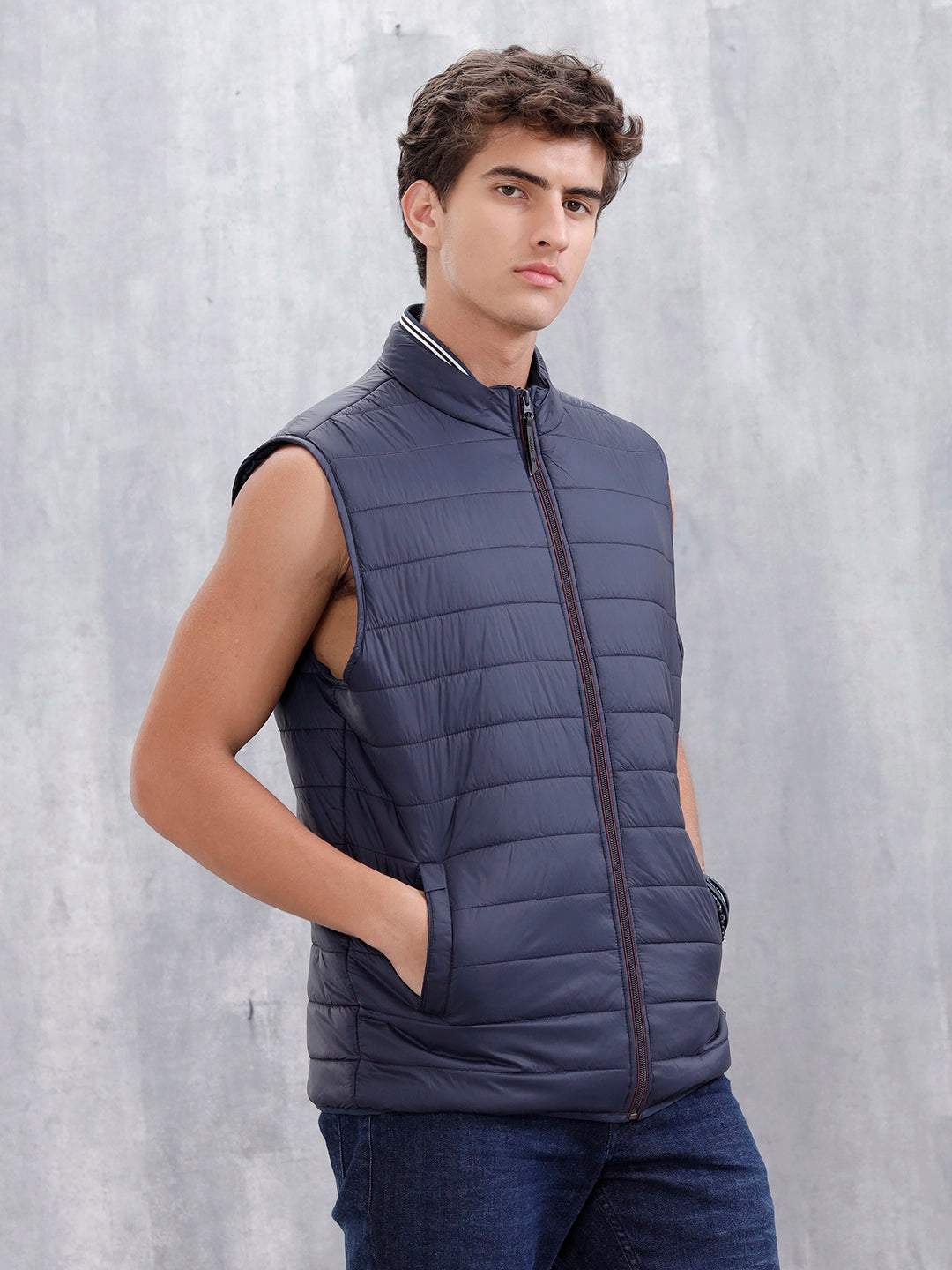 Men's Solid Casual Puffer Jacket  | Navy Blue