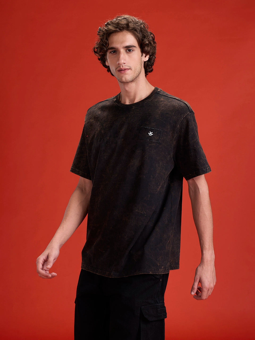 Washed Oversized Fit Tee With Logo Embroidery Patch | Black
