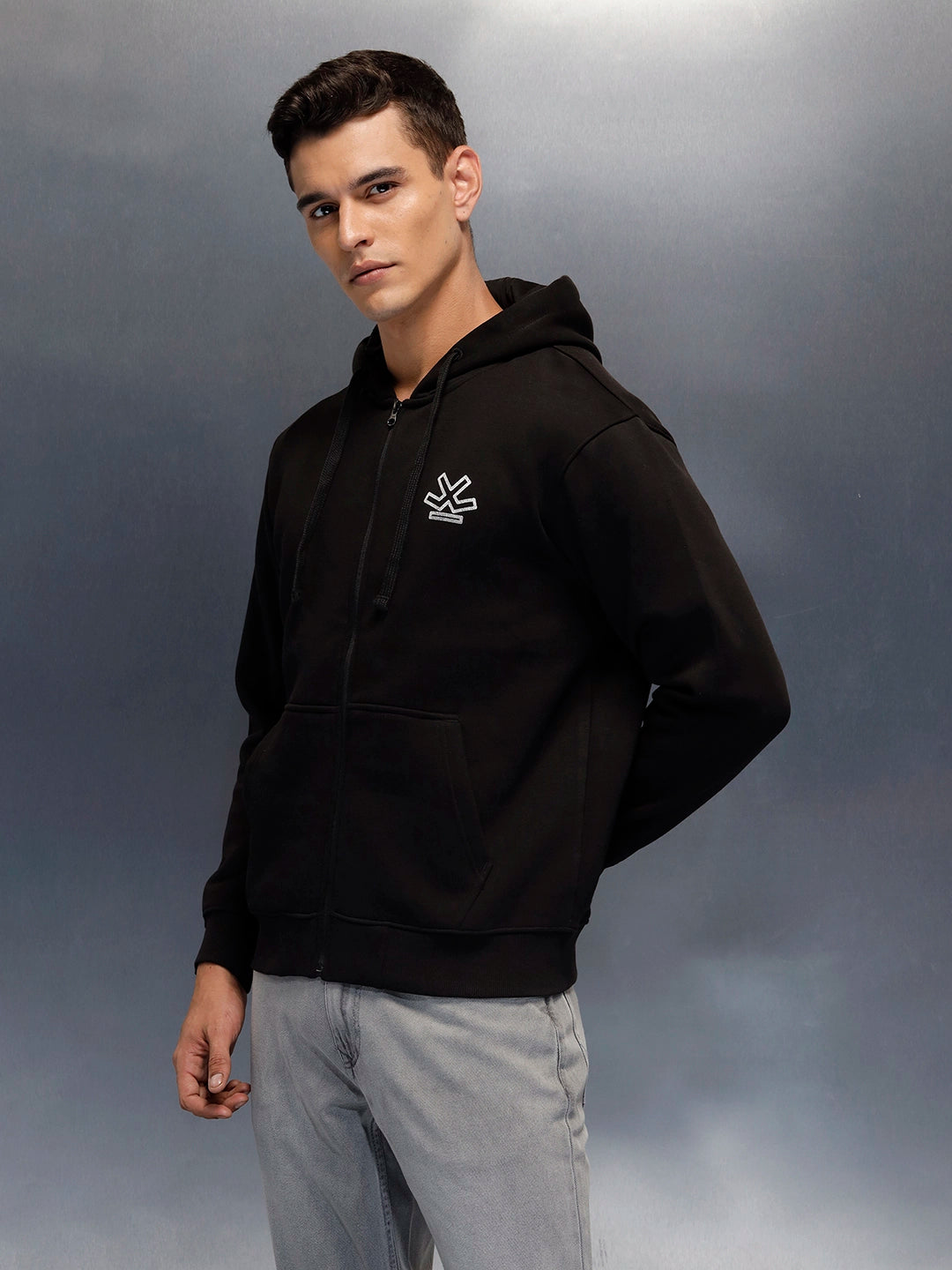 men's casual front zip up hooded sweatshirt | Black