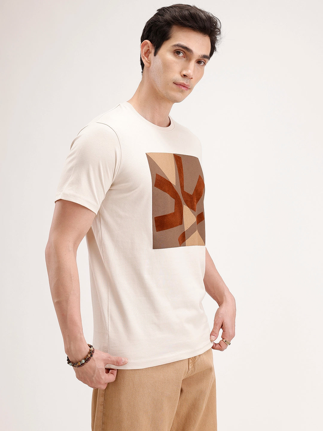 Slim Fit Flock Printed T-Shirt | Beige