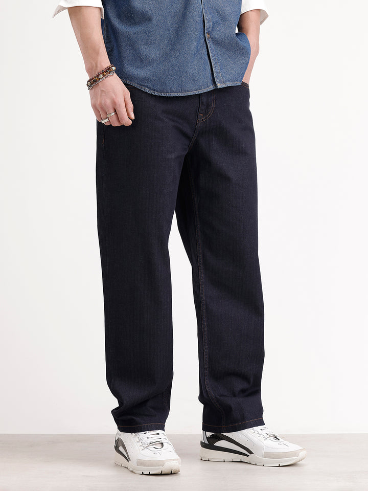 Loose Fit Textured Denim Jeans | Dark Blue