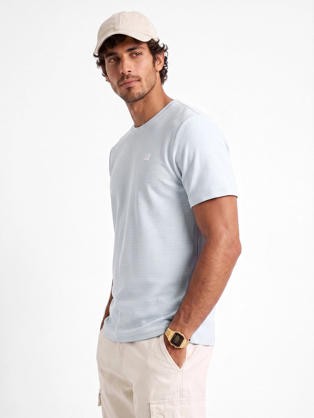 Solid Slim Fit Textured T-Shirt | Blue