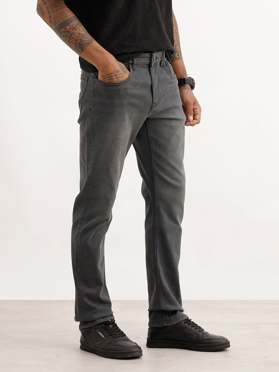 Washed Straight Fit Denim Jeans | Charcoal