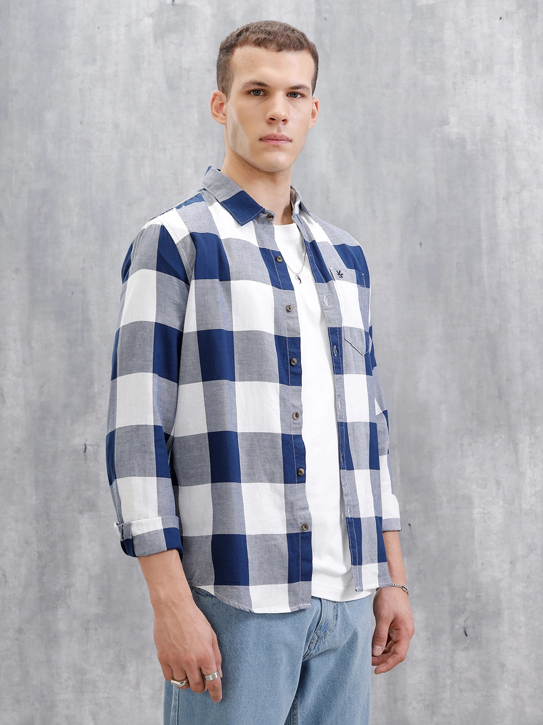 Checkered Full Sleeve Regular Fit Shirt  | Navy Blue
