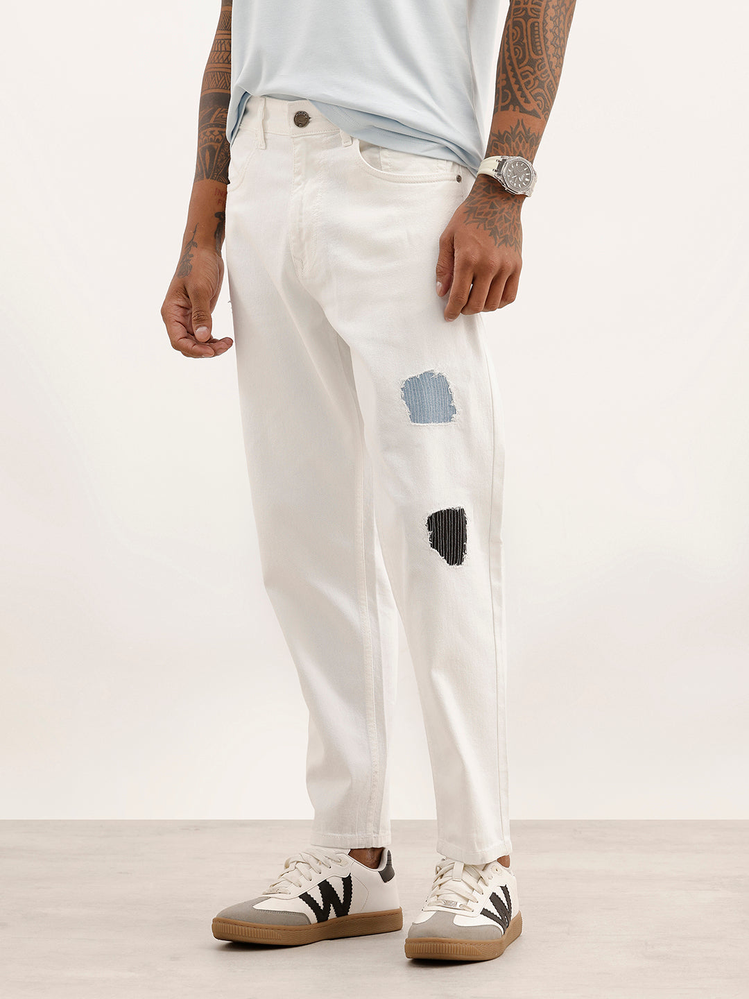 Classic Distressed Patch Detail Denim Jeans | White
