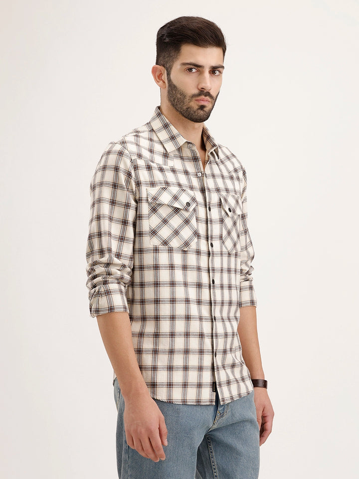 Slim Fit Double Pocket Checkered Shirt | Beige