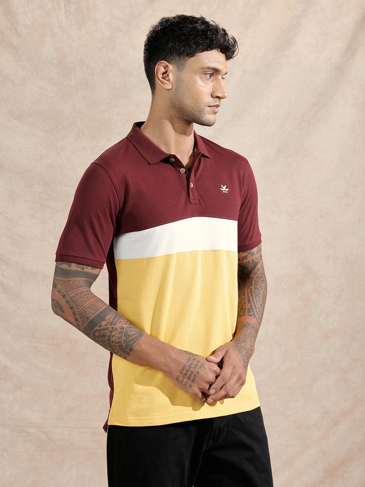Cut & Sew Polo T-Shirt | Maroon & Yellow