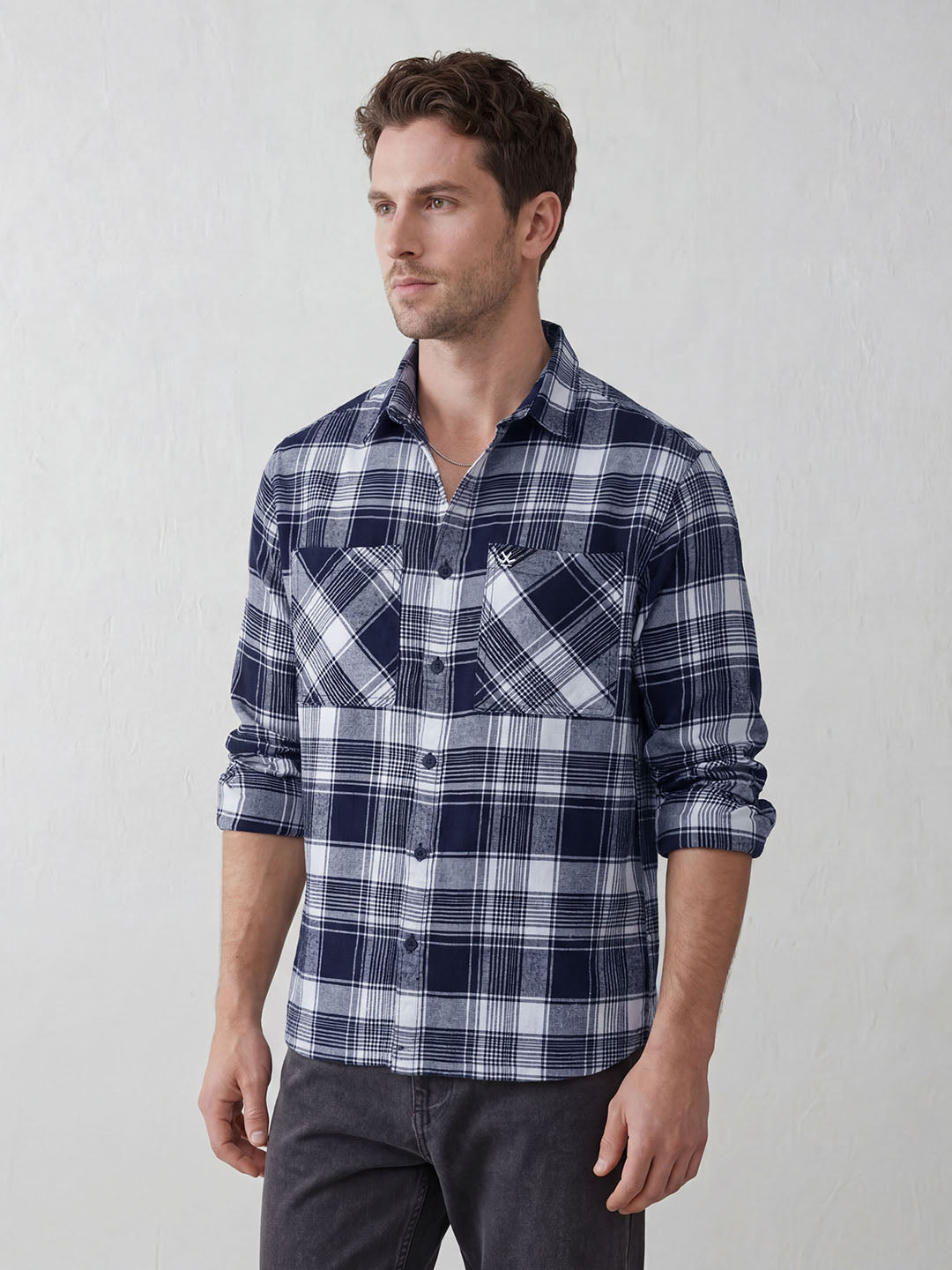 Men's casual checkered pattern double pocket shirt | Blue