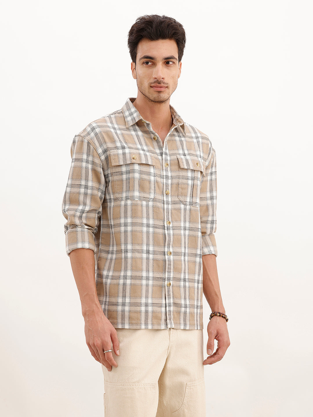 Oversized Grindle Structured Check Double Pocket Shirt | Khaki