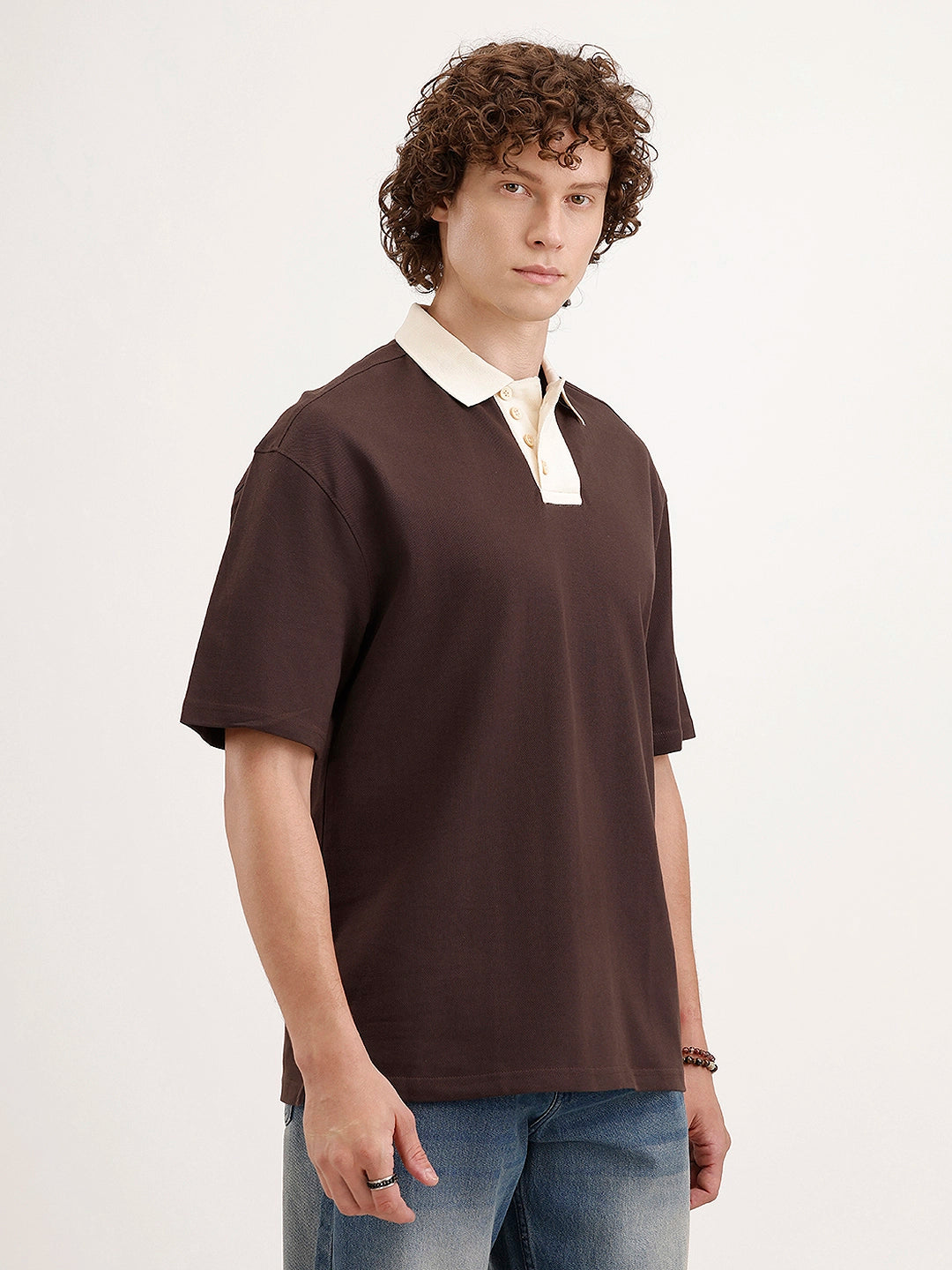 Oversized Contrast Collar T-Shirt | Brown