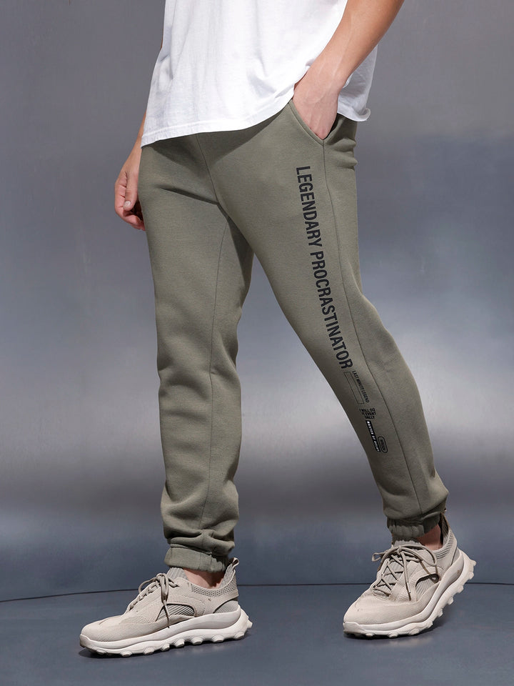 Men's casual slim fit jogger with typographic print design | Olive