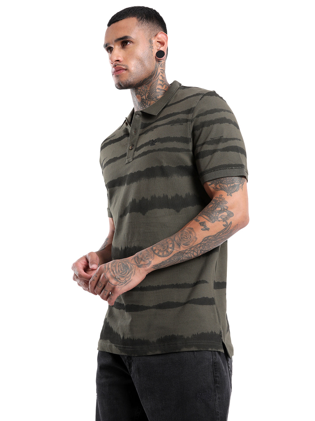 Classic Olive Abstract Printed Polo T-Shirt