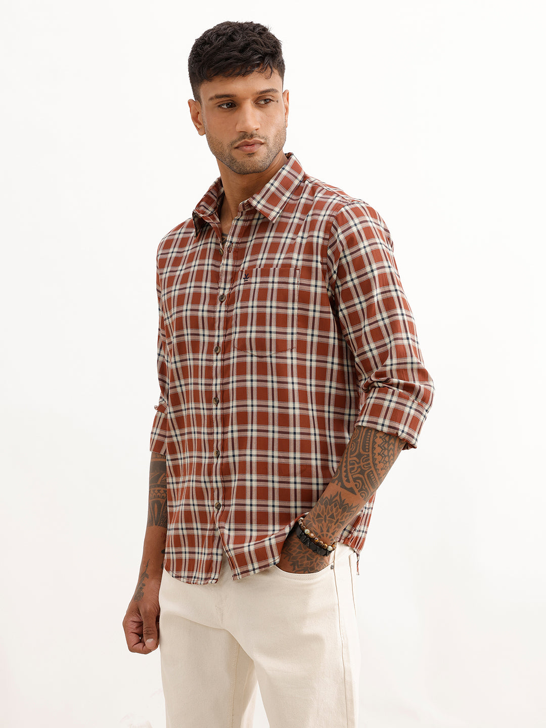 Regular Fit Full Sleeve Checkered Shirt | Brown