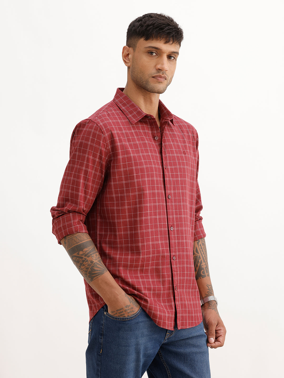 Slim Fit Checkered Full Sleeve Shirt | Red