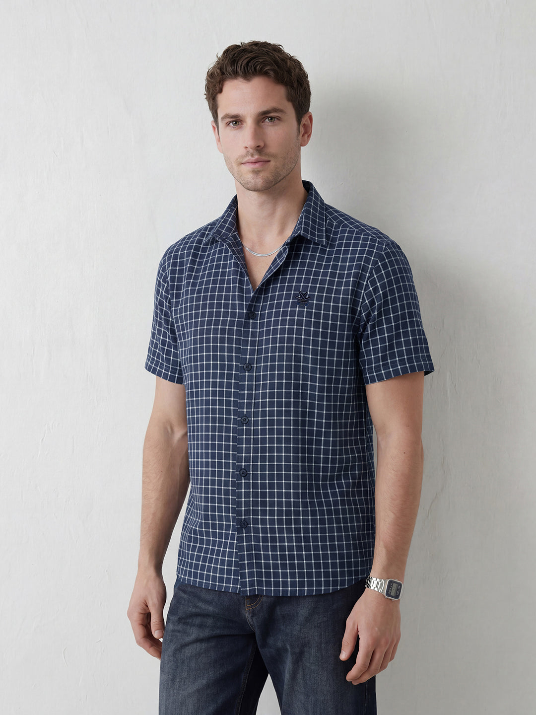 Classic Windowpane Checks Comfort Fit Shirt | Dark Blue