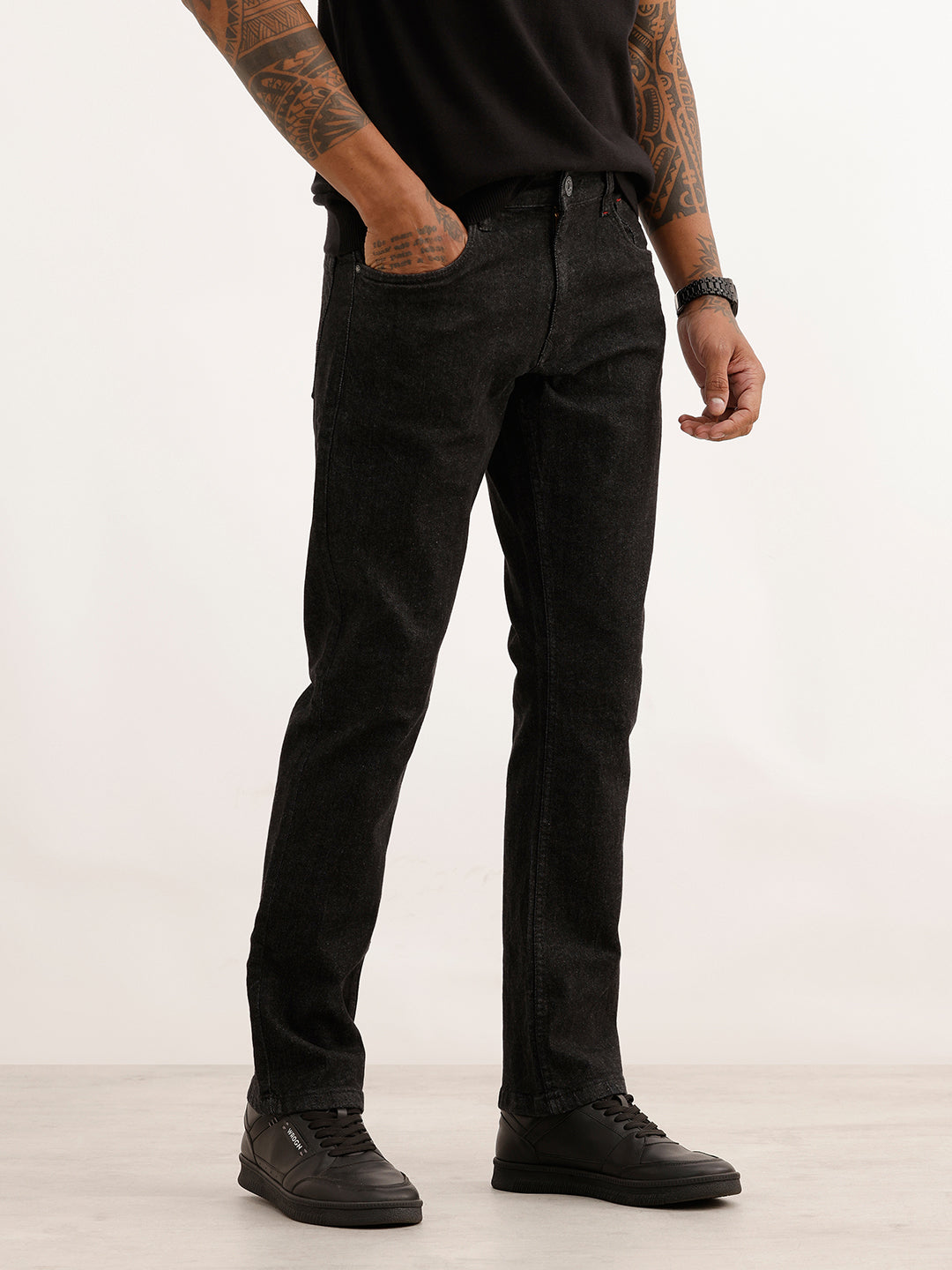 Washed Straight Fit Denim Jeans | Black