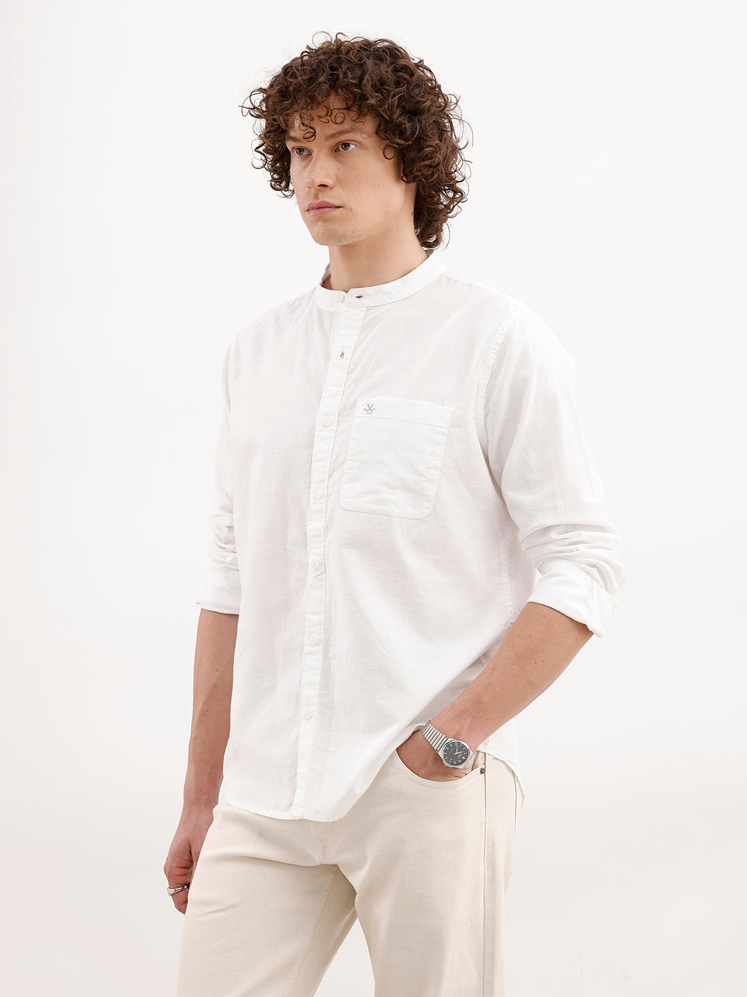 Solid Slim Fit Mandarin Collar Shirt | White