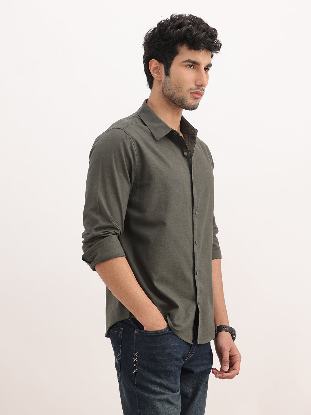 Slim Fit Solid Full Sleeve Shirt | Olive