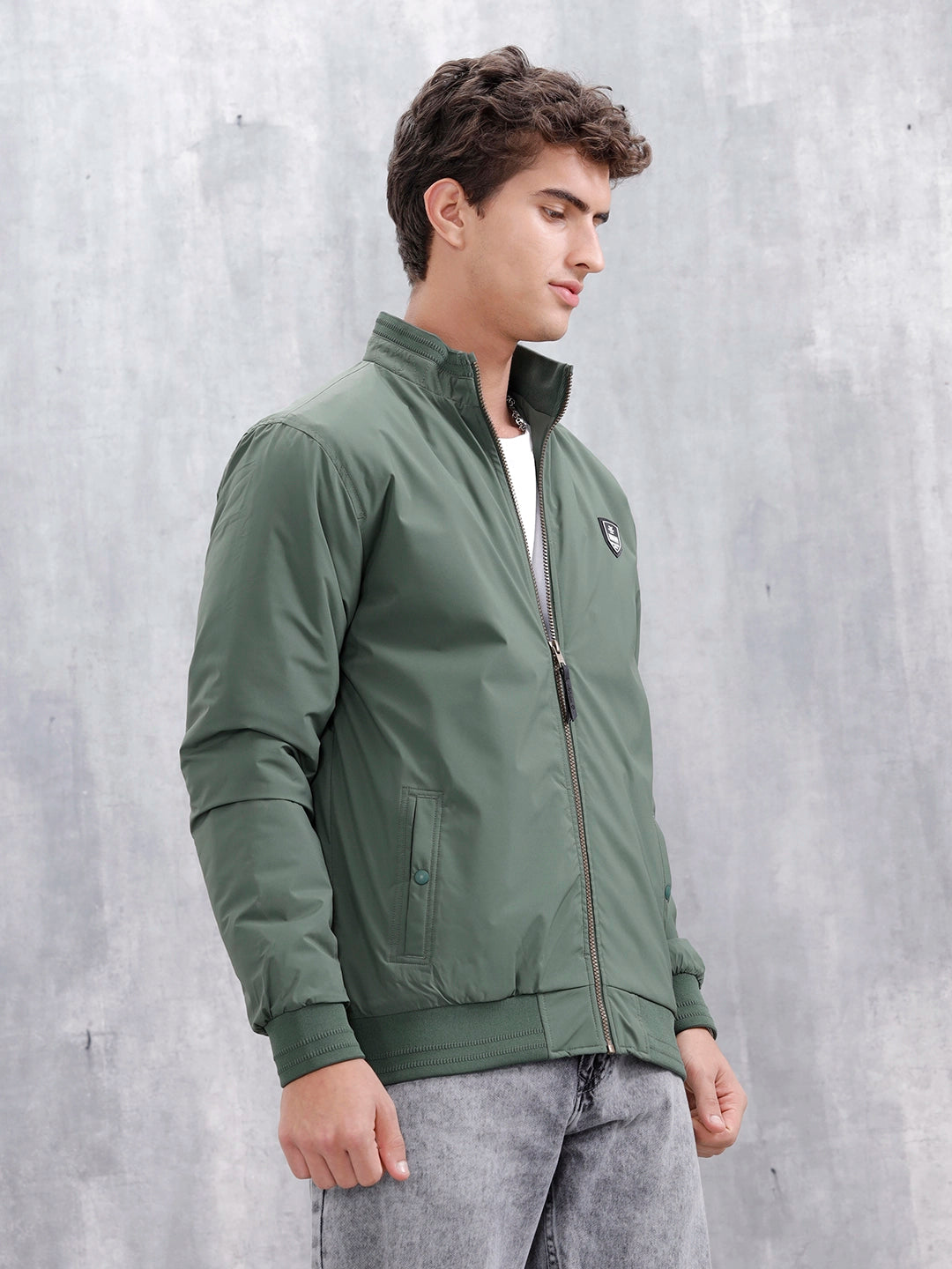 Men's Solid Casual Bomber Jacket | Green