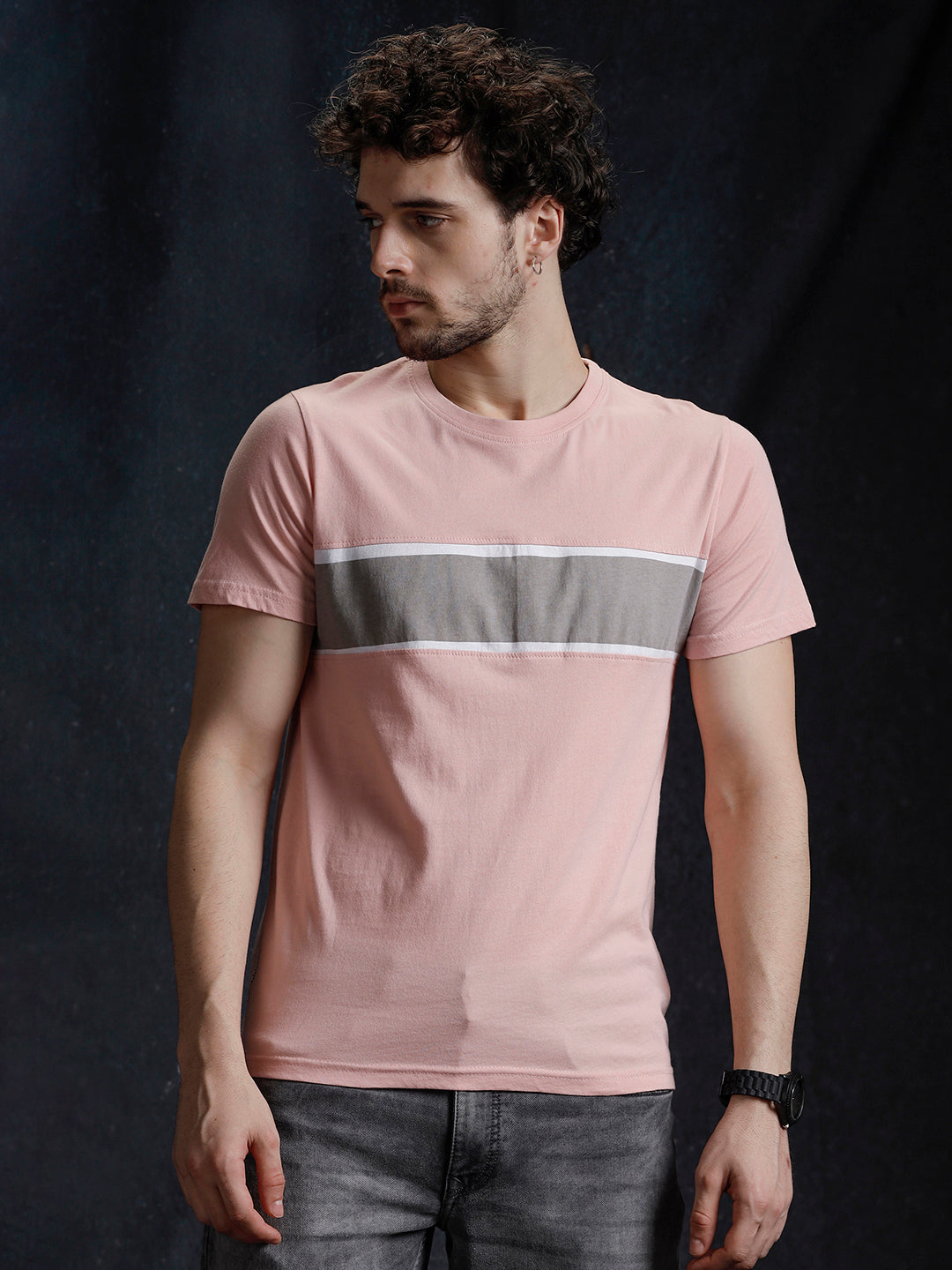 Colour Blocked Pink Casual T-Shirt