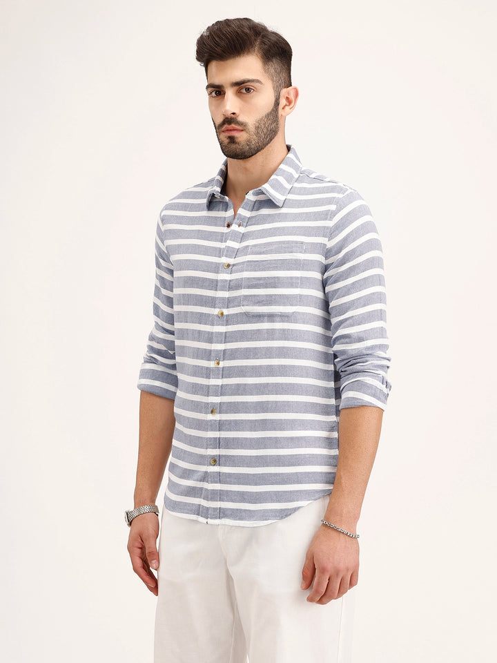 Regular Fit Striped 100% Cotton Shirt | Blue